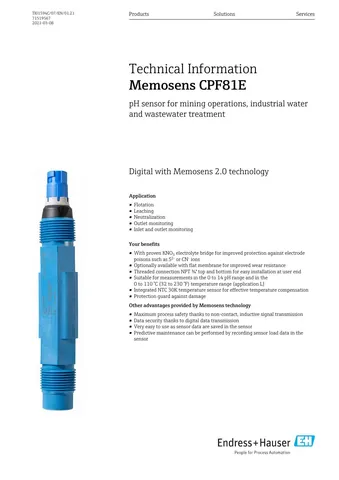 Endress+Hauser Memosens CPF81E Digital pH Sensor