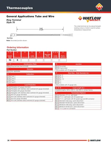 Watlow Ring Terminal Thermocouple Style 70