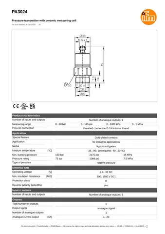 ifm efector PA3024 Pressure Transmitter