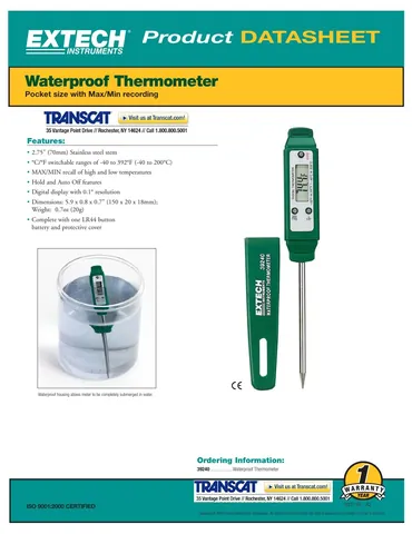 Extech 39240 Waterproof Stem Thermometer