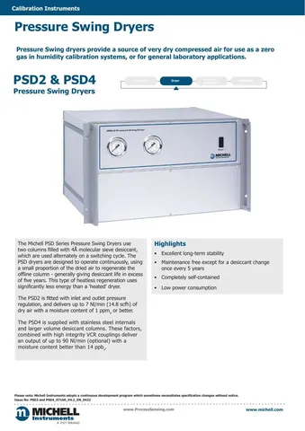 Michell Instruments PSD2 and PSD4 Pressure Swing Dryers