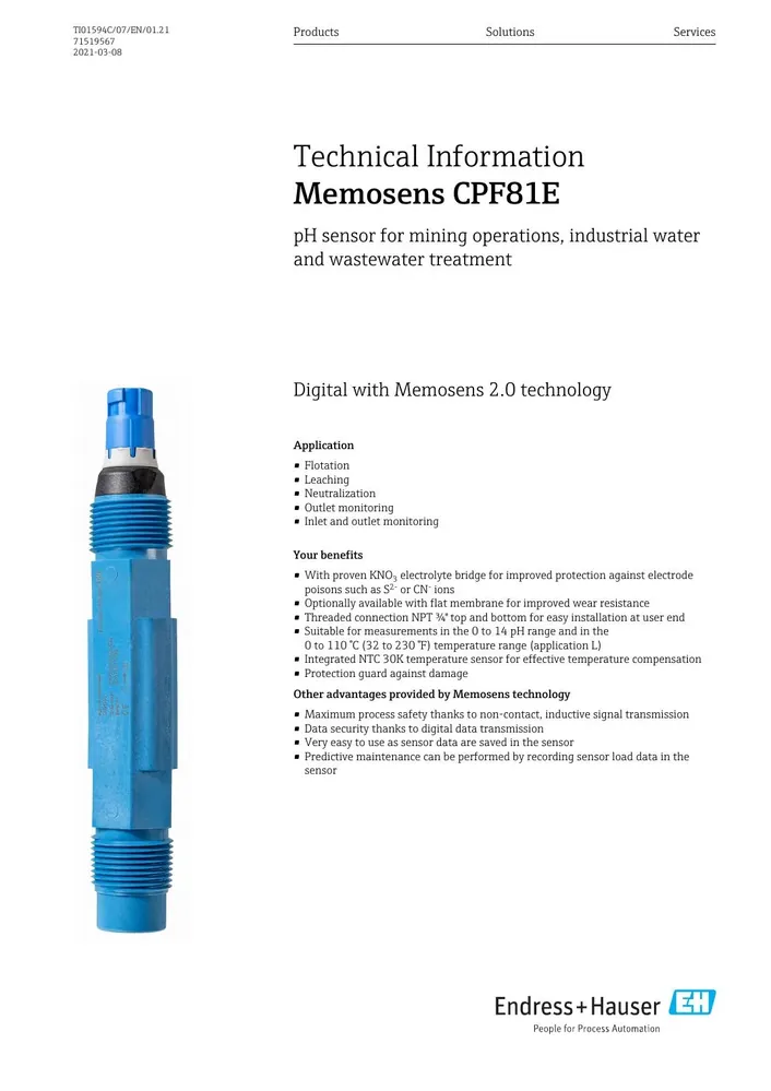 Endress+Hauser Memosens CPF81E Digital pH Sensor