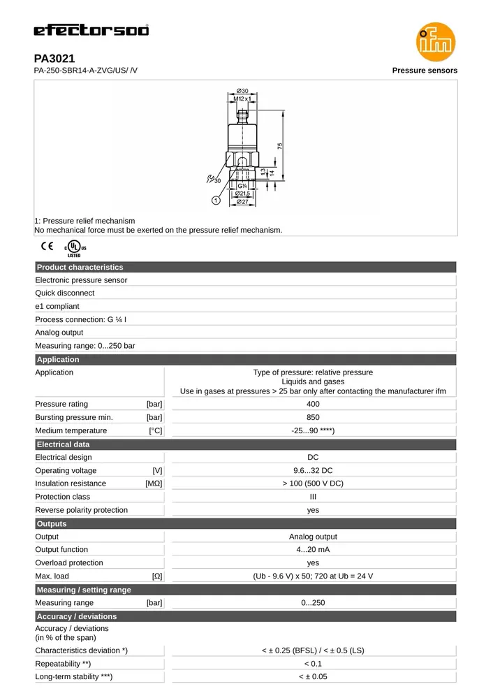 ifm efector PA3021 Pressure Transmitter