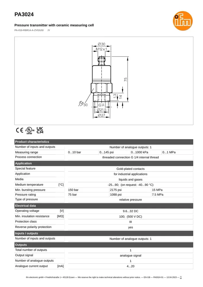 ifm efector PA3024 Pressure Transmitter