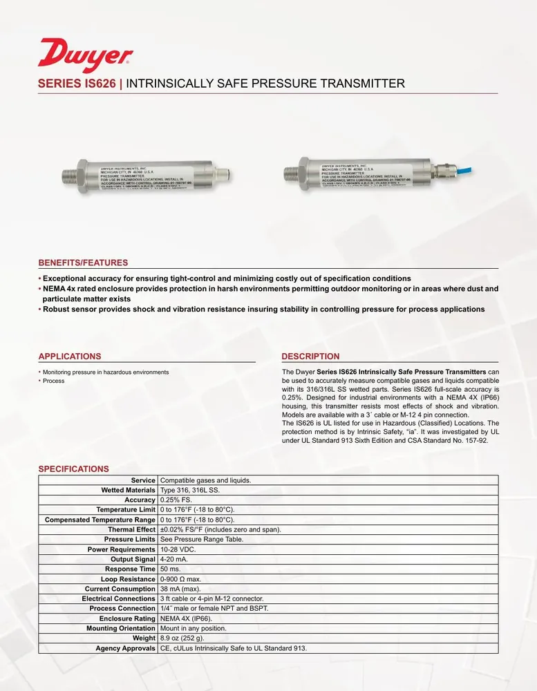Dwyer Series IS626 Intrinsically Safe Pressure Transmitter