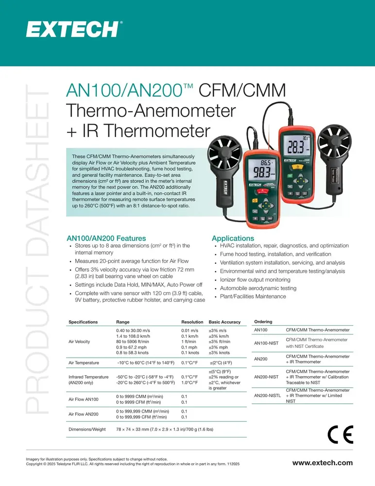 Extech AN100/AN200 CFM/CMM Thermo-Anemometer