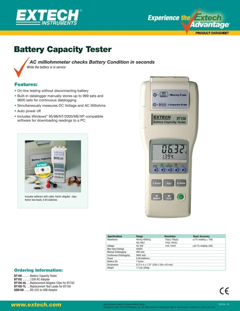 جهاز اختبار سعة البطارية Extech BT100