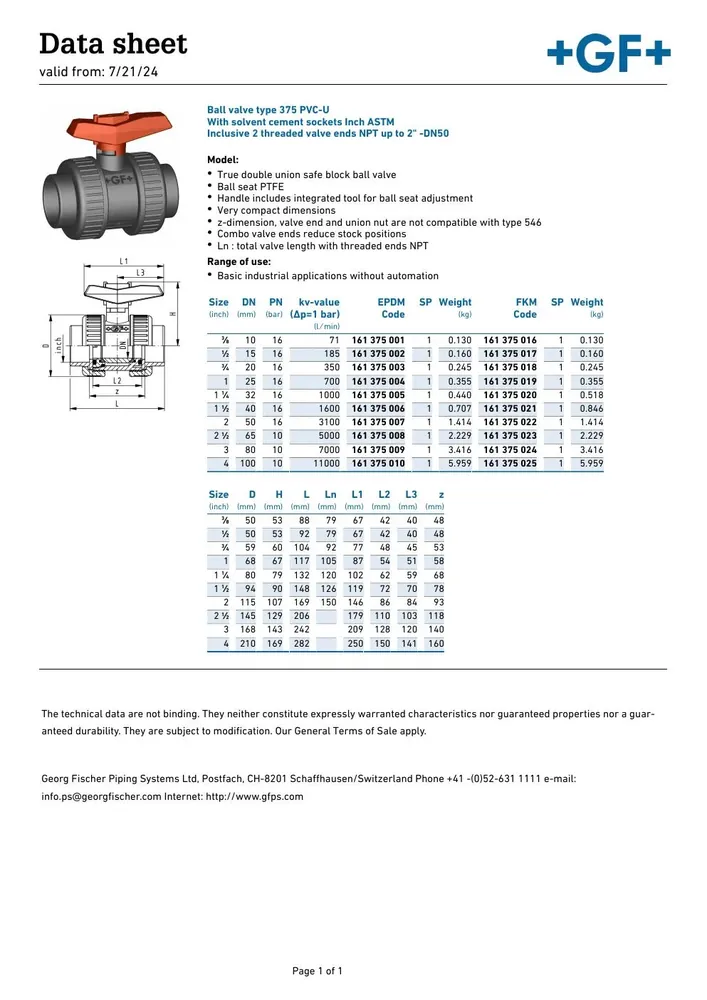 GF Piping Systems Type 375 PVC-U Ball Valve