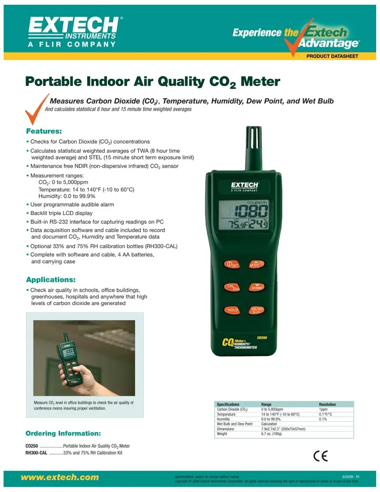 Extech CO250 Portable Indoor Air Quality CO2 Meter