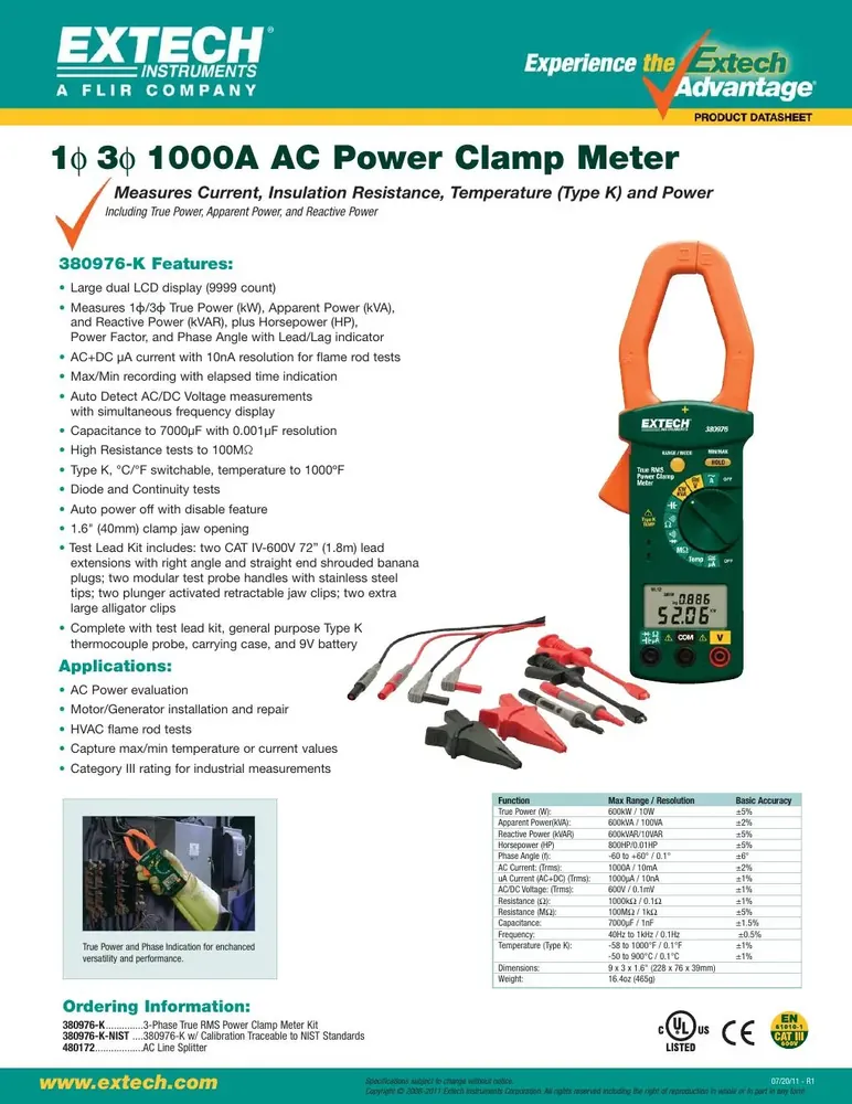 Extech 380976-K pinza de potencia True RMS (kit)