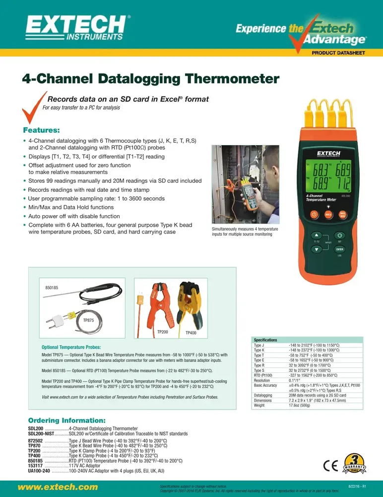 Extech SDL200 4-Channel Data Logging Thermometer