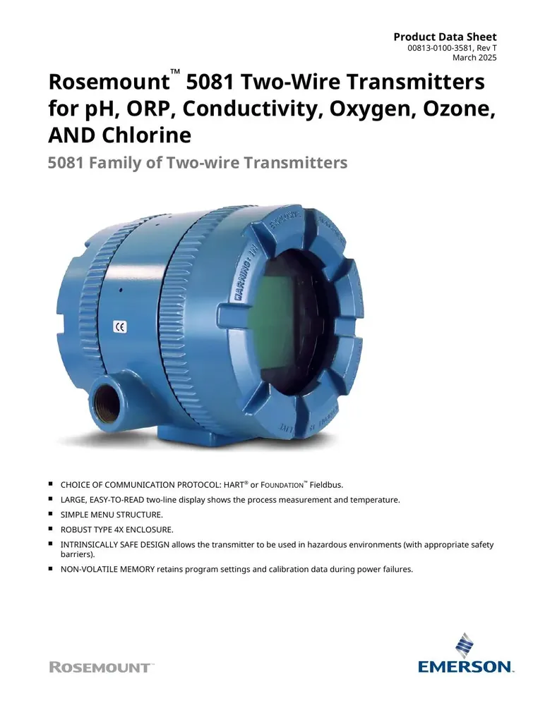 Rosemount 5081 Two-Wire Transmitters for pH/ORP/Conductivity/Oxygen/Ozone/Chlorine