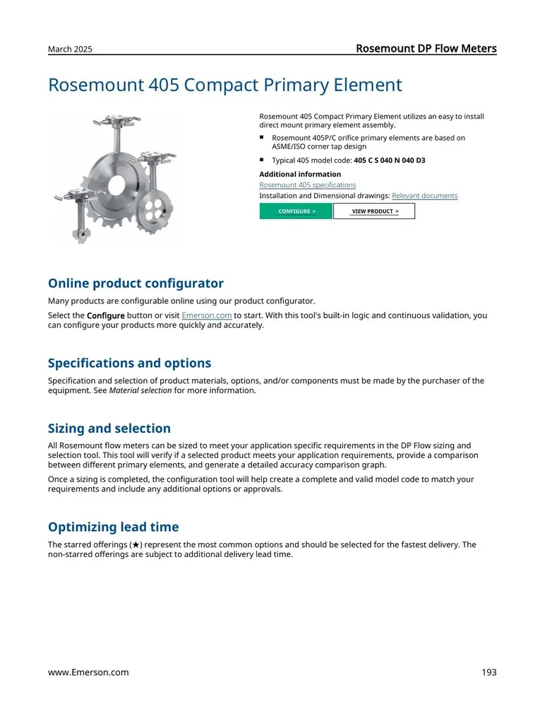 Rosemount 405 Compact Orifice Flow Element