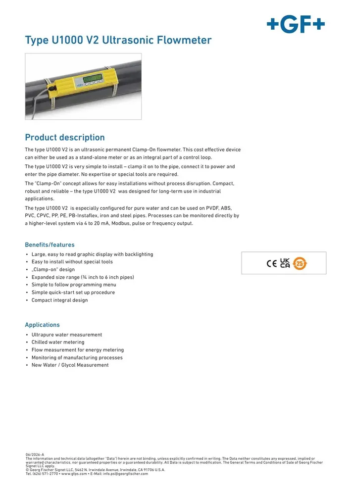 GF Signet U1000 V2 UltraFlow Ultrasonic Flow Sensor