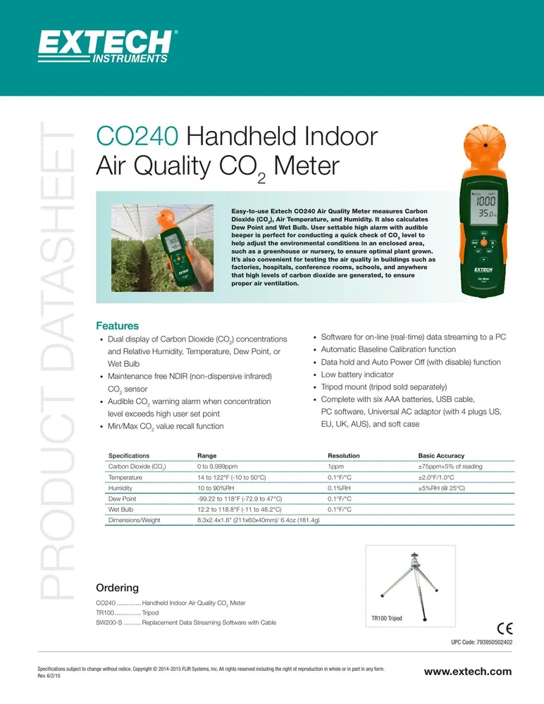 Extech CO240 Handheld Indoor Air Quality CO2 Meter