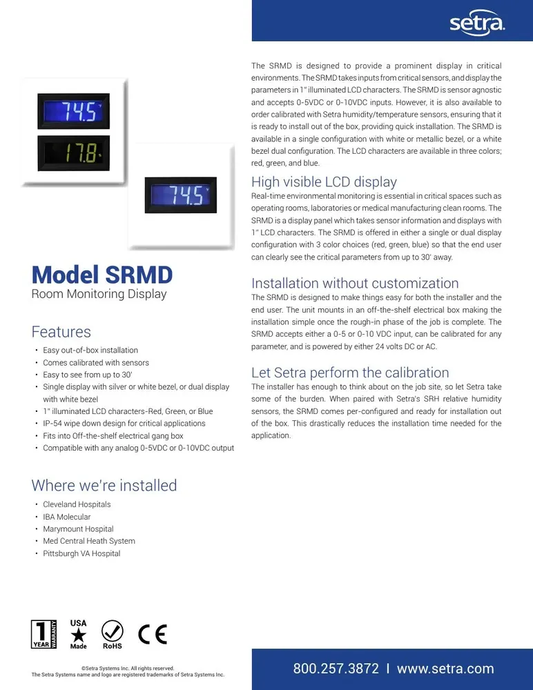 Setra SRMD Room Monitoring Display