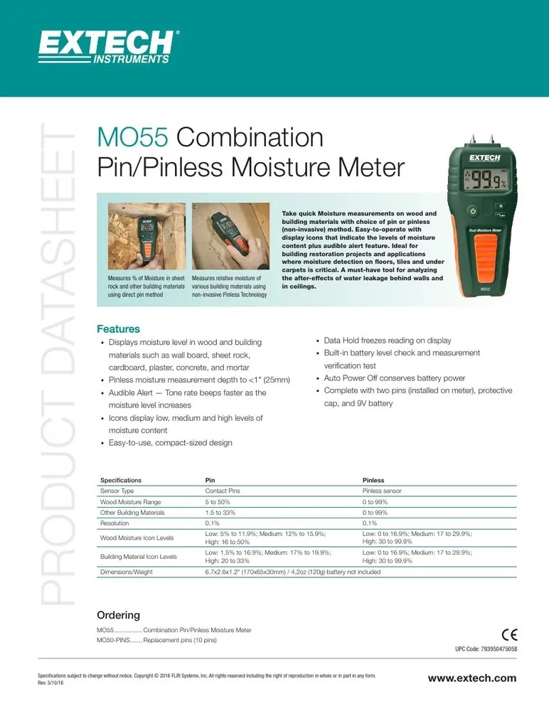 Extech MO55 Combination Pin/Pinless Moisture Meter