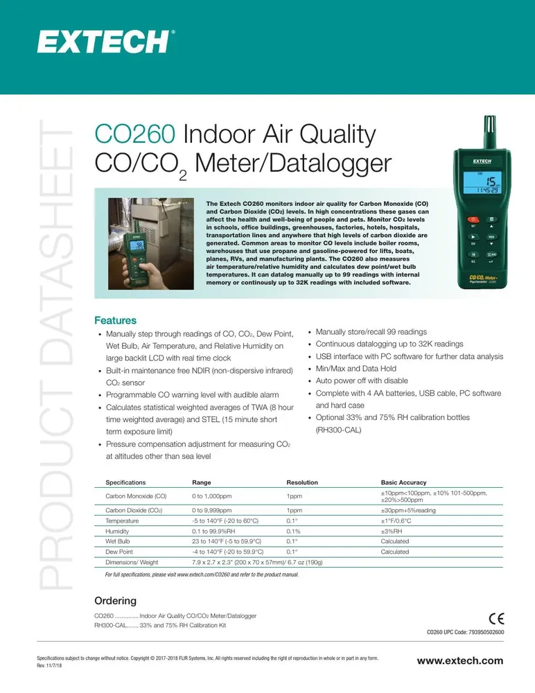 Extech CO260 Indoor Air Quality CO/CO2 Meter/Datalogger