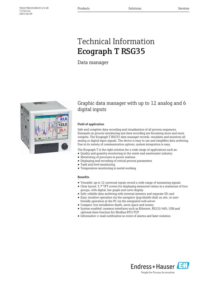 Endress+Hauser Ecograph T RSG35 Universal Graphic Data Manager