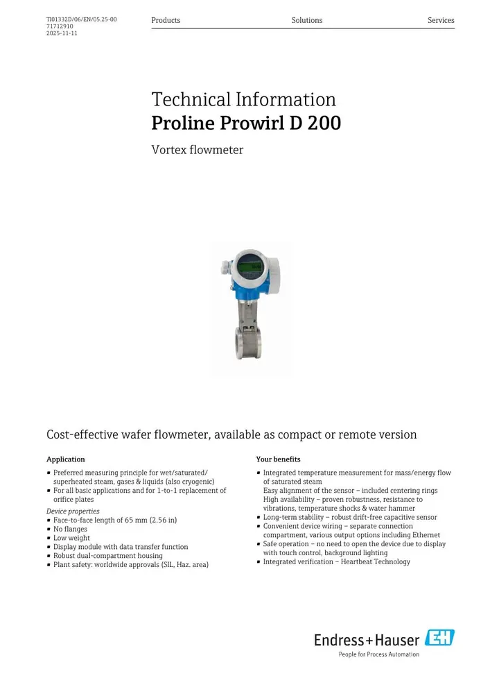 Endress+Hauser Proline Prowirl D 200 Vortex Flow Meter
