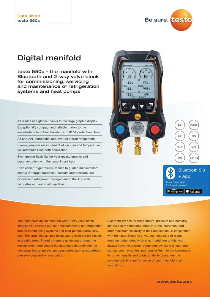 Testo 550s Smart Digital Manifold with Bluetooth and 2-Way Valve